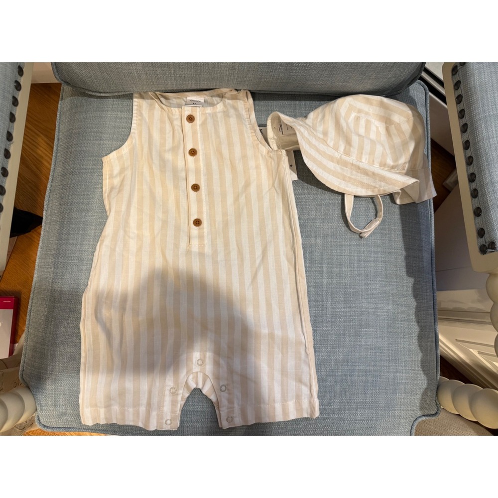 Nordstrom Baby 12M 2pc Set Striped Sleeveless Romper and Sun Hat Beige White NWT